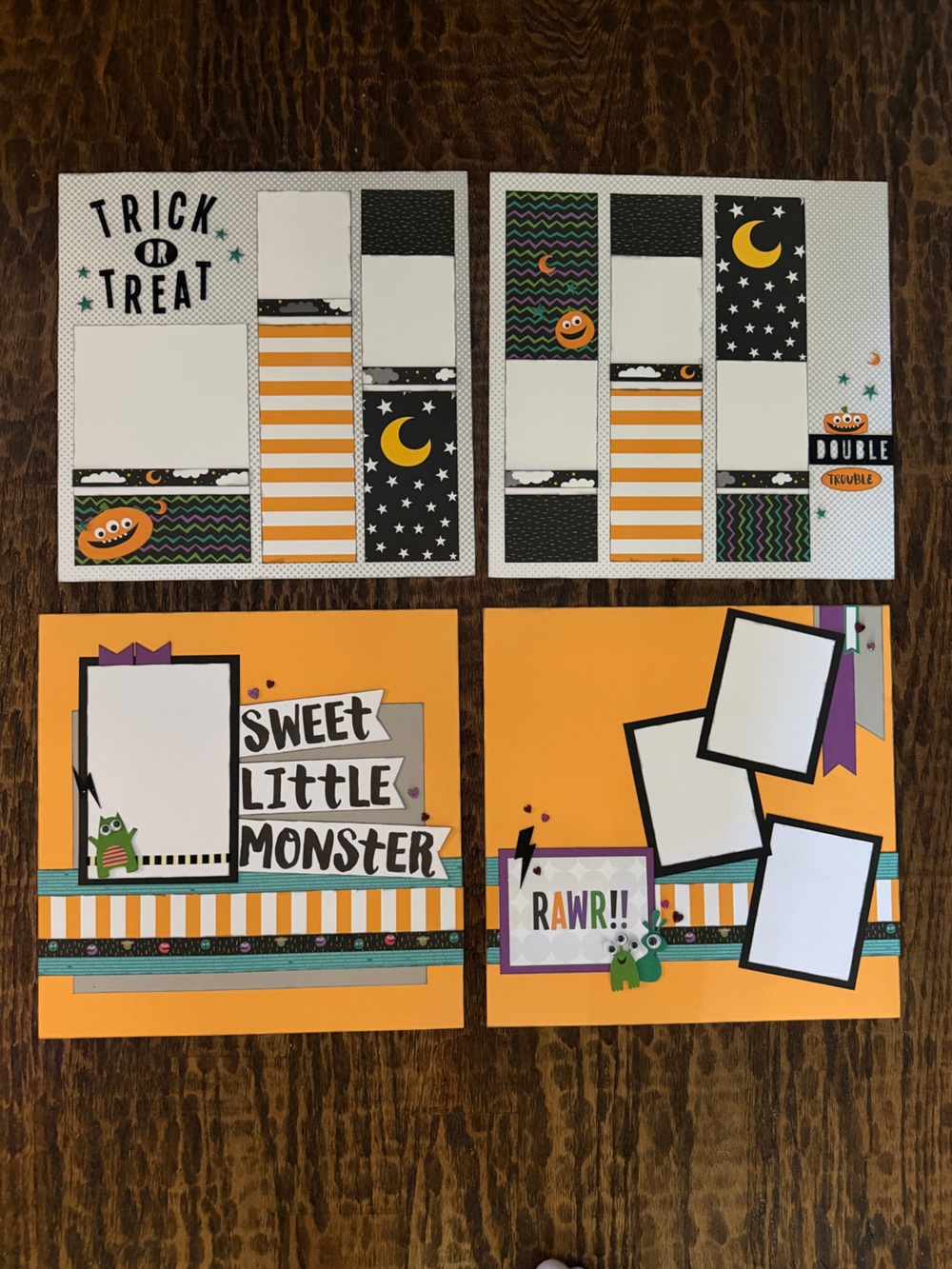 Handmade Halloween 12x12 Premade Scrapbook Page Photo Ready Embellished Set of 4